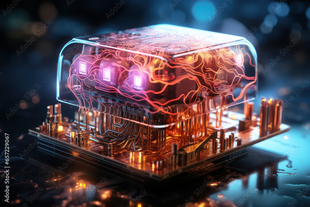 Poster a futuristic brain implant connecting to a computer interface, illustrating the potential of brain-c