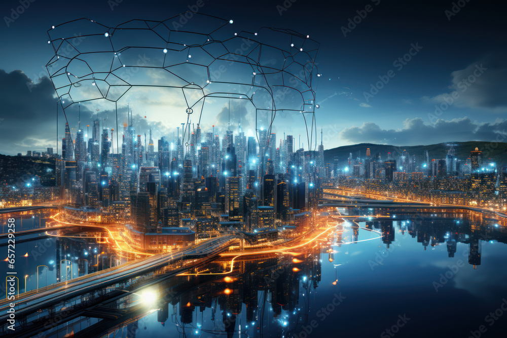 Aufkleber a futuristic cityscape with interconnected data networks, emphasizing the role of technology and con
