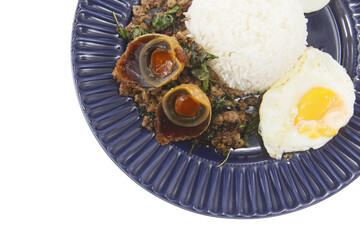 Stir-fried Century Egg or Preserved Egg and Minced Pork isolated on white background.