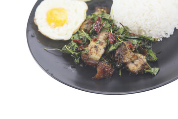 Stir fried Thai basil with pork and a fried egg isolated on white background.  Pad Kra Pao - obrazy, fototapety, plakaty