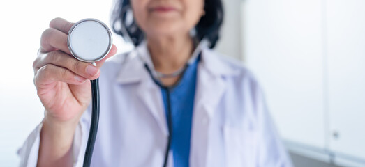 Doctor holding stethoscope in hand Doctor check body by stethoscope Healthcare and medical check up...