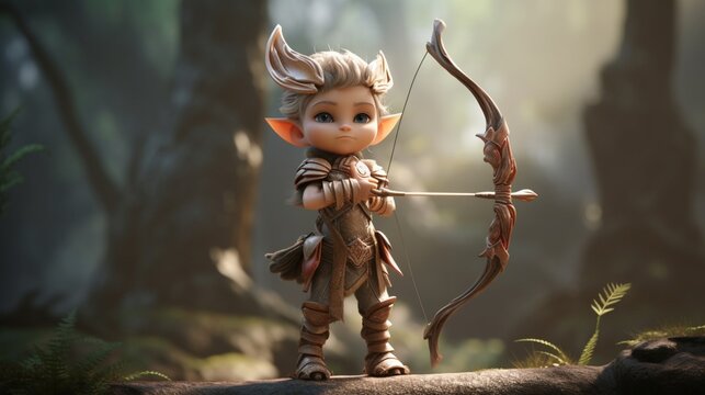 cute musculine elf warrior standing with a huge bow.Generative AI