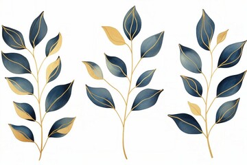 Compilation of golden and blue tree leaves on a white background