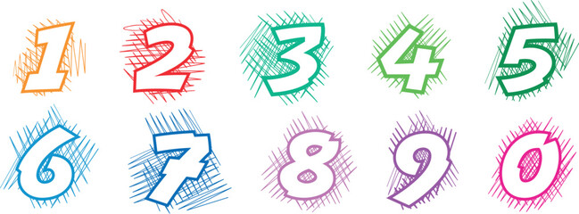 0-9 numbers on doodles. colorful 0-9 numbers