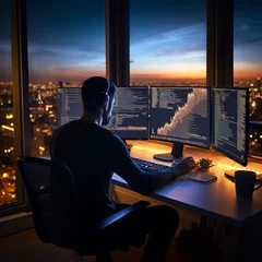 Foto op Plexiglas uomo di spalle lavora al pc, sullo sfondo città illuminata di notte, tramonto © Michela