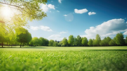 Beautiful green grass field and blue sky with sunlight. Natural background - obrazy, fototapety, plakaty