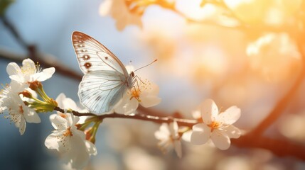 White butterfly on a branch of a blossoming tree. Spring background
