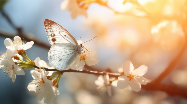 Fototapeta White butterfly on a branch of a blossoming tree. Spring background