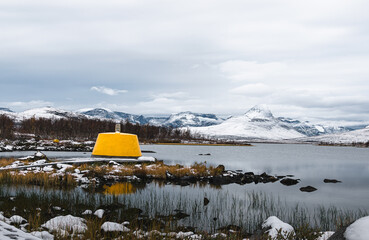 Three-Country Cairn in north Scandinavia, the point of intersection of the borders of the three...