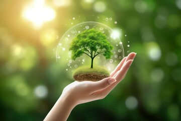 Human hands holding green tree on nature background. Eco friendly concept.
