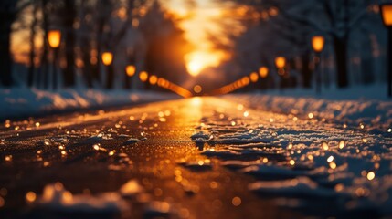 Raindrops on the asphalt road in the city at sunset