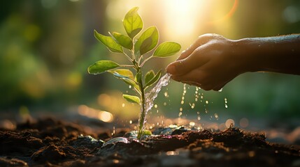 Human hand watering young plant in the morning. Earth day concept. - obrazy, fototapety, plakaty