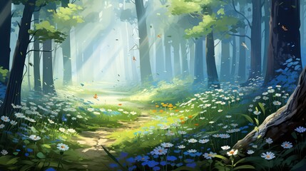 Fantasy forest with a path through the grass and flowers