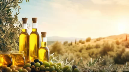 Schilderijen op glas Olive oil and olives on wooden table with nature background. © Mr. Muzammil