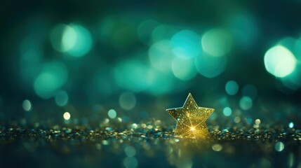 New years Christmas gold green star background with copy space. Christmas teal green and golden abstract glitter bokeh background. Selective focus