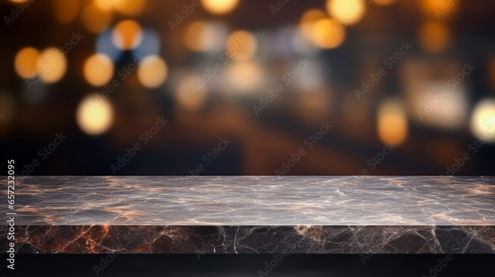 Poster empty marble table and coffee shop blur background with bokeh image.
