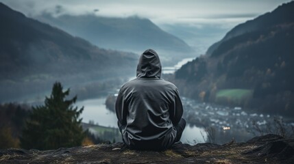 person sitting on a mountain peak