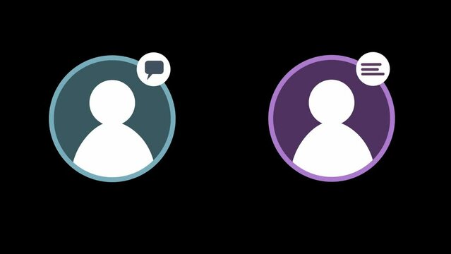 2 standard avatar animations. With chat symbol and text symbol in the top right corner. Icons and communication symbols.