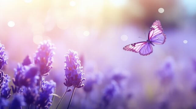 Beautiful purple lavender flowers and butterfly with bokeh effect
