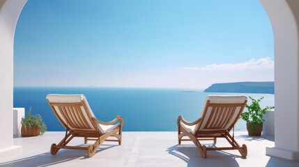 Fototapeta na wymiar Relaxing chairs by swimming pool in luxury villa, Greece