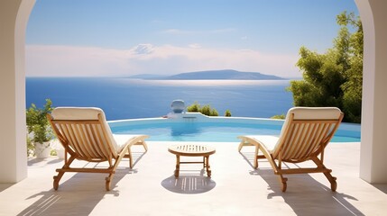Fototapeta premium Relaxing chairs by swimming pool in luxury villa, Greece