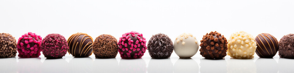 Closeup of typical brazilian brigadeiros, various candy flavors on white background - obrazy, fototapety, plakaty