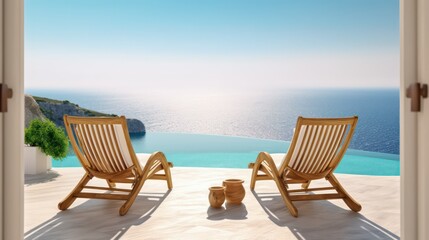 Relaxing chairs by swimming pool in luxury villa, Greece