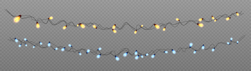 Christmas lights isolated on transparent background. Set of Christmas glowing garlands. For advertising invitations, web banners, postcards. Vector	
