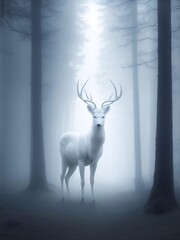 White deer in the morning forest. AI generated illustration