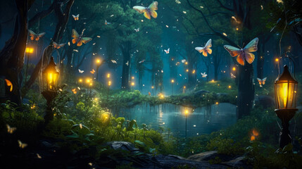 Mysterious dark forest with magic lanterns.