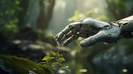 Foto op Aluminium Robot hand future concept technology food science apple flower green industry arm isolated 3d plant artificial fruit. Future tech robot hand hold nature biology synthetic. AI Generative illustration © Максим Зайков