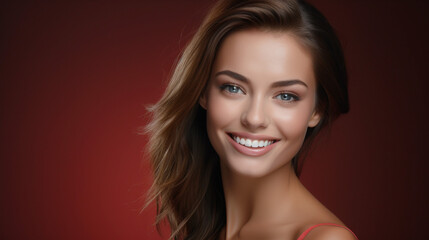 Beautiful model flashing perfect smile on spiced apple shade background. Advertising design for dentistry, beauty salon. Banner.