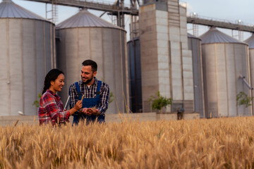 A knowledgeable Chinese agronomist and silo owner meet in a wheat field to assess its readiness for harvest. Engaged in discussion, they compare data and observations, ensuring a thorough evaluation. © DusanJelicic