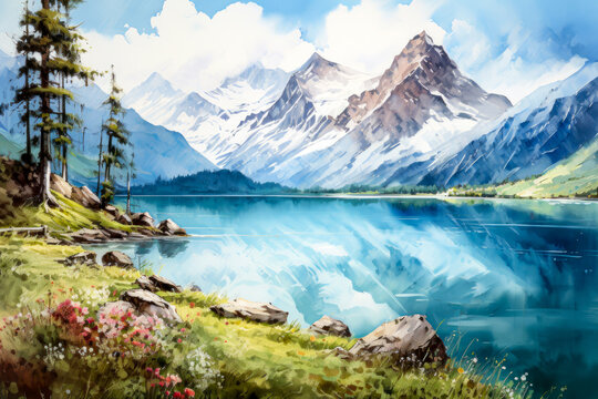 Beautiful mountain landscape with blue lake.