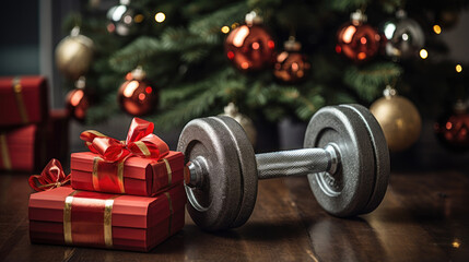 Dumbbells and a gift under the Christmas tree.
