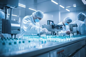 In the pharmaceutical laboratory, scientists and engineers collaborate with advanced equipment to ensure medical product quality.
