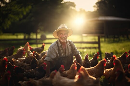 Smiling male farmer holds a chicken in a vibrant rural farm setting, caring for her poultry.