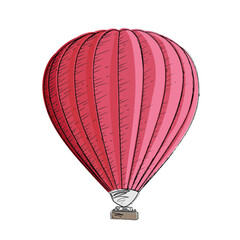 Hot air balloon drawing vector illustration. Graphic striped parachute stock image isolated colourful aircraft. Crayon pencil sketch. Drawing red ballon