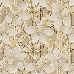 Embossed floral 3d lilies beautiful seamless pattern. Textured relief striped background. Surface emboss hand drawn lily flowers, leaves. 3d modern ornaments with embossing effect. Grunge texture