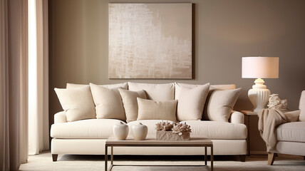 Fototapeta na wymiar Ivory Sofa with Beige Pillows against a Beige Accent Wall