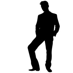 Vector silhouette of a man in a business suit standing, black color isolated on a white background