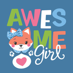 Cute fox girl face on dark background, Awesome slogan text for t-shirt graphics, fashion prints, posters and other uses