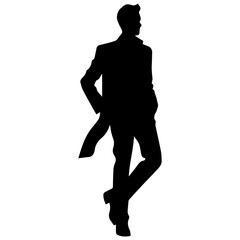Vector silhouette of a man in a business suit standing, black color isolated on a white background