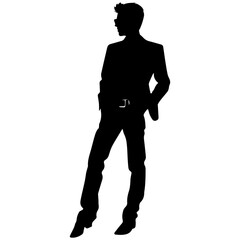 Vector silhouette of a man in a business suit standing, black color isolated on a white background