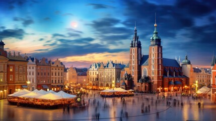 Amazing cityscape of Krakow with Mary's Basilica on Main Square. Popular tourist destination. Location: Krakow, Lesser Poland Voivodeship, Poland, Europe - obrazy, fototapety, plakaty