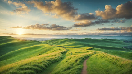 Winding path through lush fields in hilly terrain, illuminated by dawn's light against a cloud-dappled blue sky