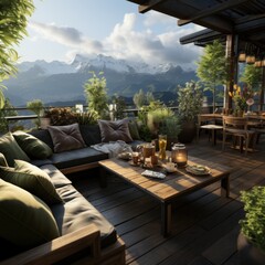 A relaxing place and modern rooftop with a beautiful natural and green background as a place for rest and self-healing. Good for company, decoration, residential inspiration, etc. Generatue Ai Image