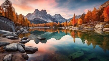 Panoramic autumn view from flying drone of popular tourist destination. Federa lake among red larch trees. Impressive sunrise in Dolomite Alps. Gorgeous morning scene of Italy. - obrazy, fototapety, plakaty