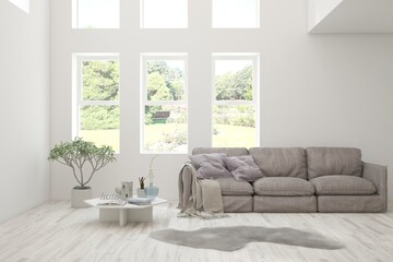 Bright interior design with modern furniture and summer landscape in window. 3D illustration