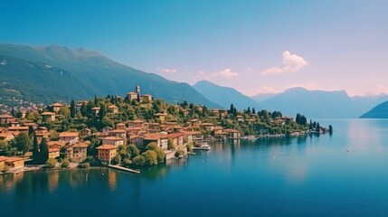 Beautifull aerial panoramic view from the drone to the Varenna - famous old Italy town on bank of Como lake. High top view to Water landscape with green hills, mountains and city in sunny summer day.